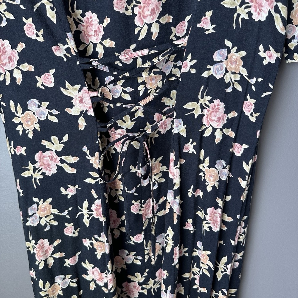 Vintage Ship N Shore Button Down Maxi Dress Womens 14 Black Floral Tie Back 90s - Picture 10 of 14